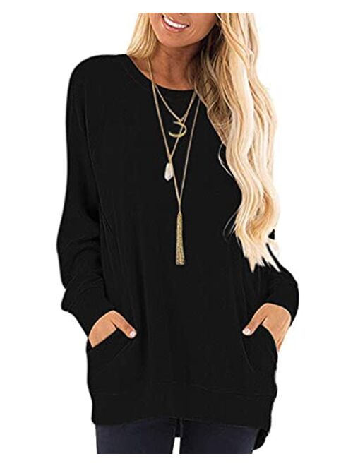 AUSELILY Women's Long Sleeve Round Neck Casual T Shirts Blouses Sweatshirts Tunic Tops with Pocket