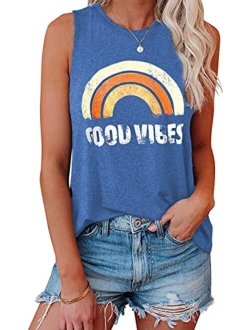 Hount Women's Good Vibes Rainbow Tank Tops Loose Fit Casual Sleeveless/Long Sleeve Tops Blouses Shirts