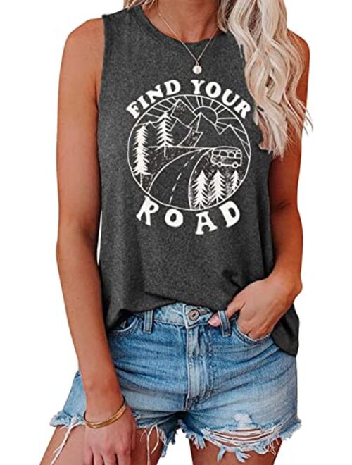 Hount Women's Good Vibes Rainbow Tank Tops Loose Fit Casual Sleeveless/Long Sleeve Tops Blouses Shirts