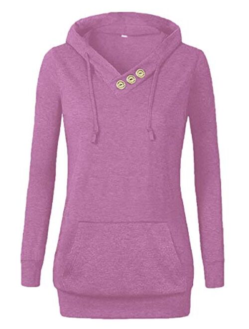 VOIANLIMO Women's Sweatshirts Long Sleeve Button V-Neck Pockets Pullover Hoodies