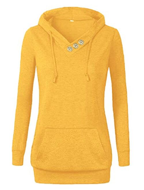 VOIANLIMO Women's Sweatshirts Long Sleeve Button V-Neck Pockets Pullover Hoodies