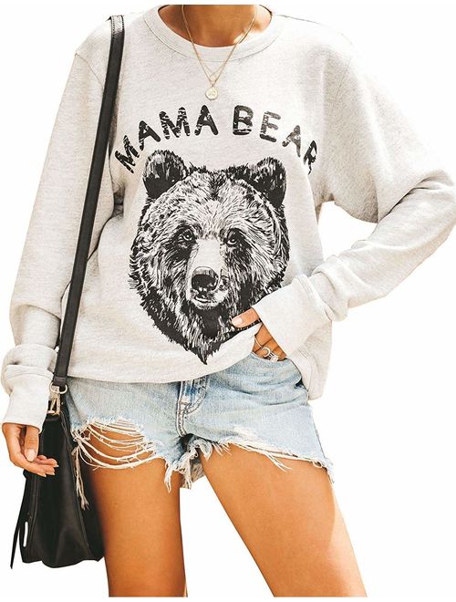 barnkas Women Mama Bear Shirt Loose Casual Tops T-Shirts Crew Neck Batwing Sleeve Sweatshirt Patches Blouse