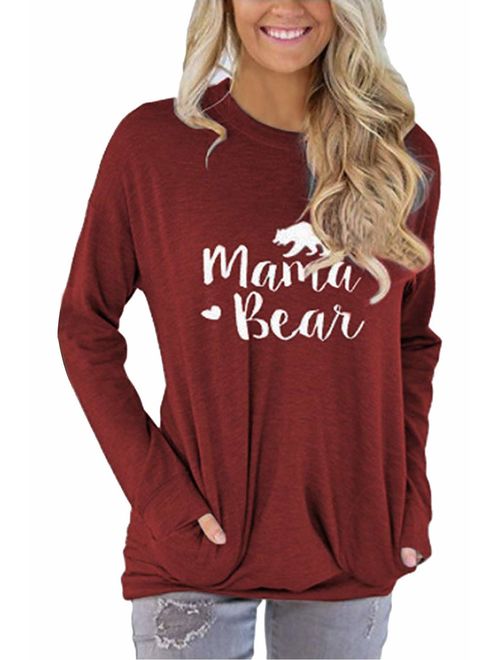 barnkas Women Mama Bear Shirt Loose Casual Tops T-Shirts Crew Neck Batwing Sleeve Sweatshirt Patches Blouse