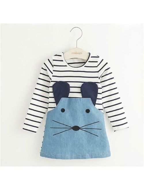 Girls - Kids Striped Long Sleeve Cute Striped Patchwork Denim Mouse Dress