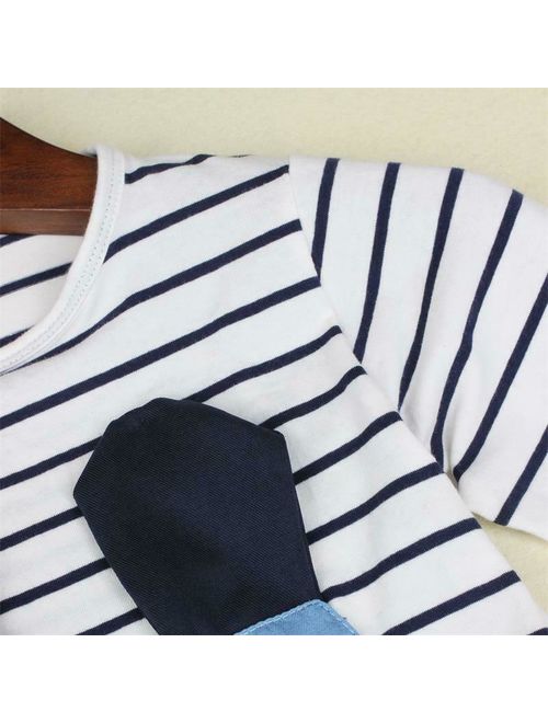 Girls - Kids Striped Long Sleeve Cute Striped Patchwork Denim Mouse Dress