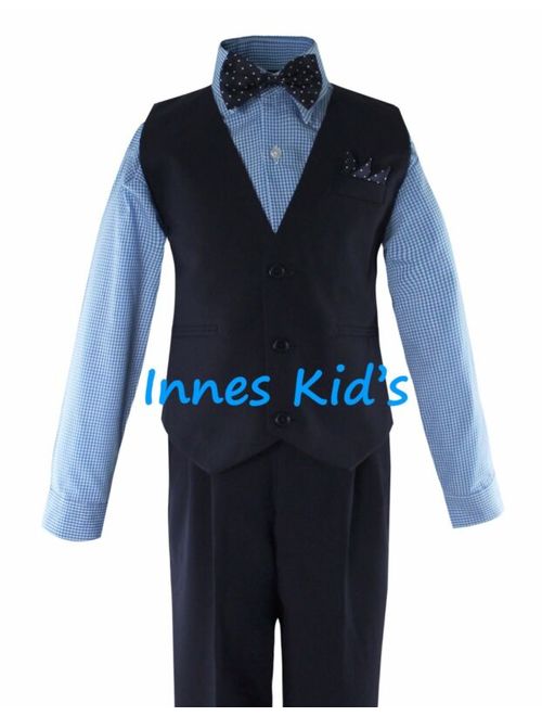 Boys Solid Navy/Black Vest Suit Set with Checker/Stripe Dress Shirt Tie Wedding