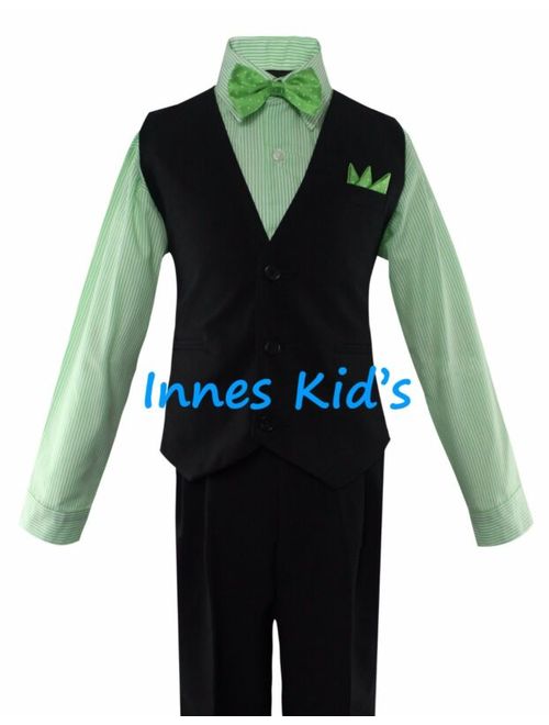 Boys Solid Navy/Black Vest Suit Set with Checker/Stripe Dress Shirt Tie Wedding