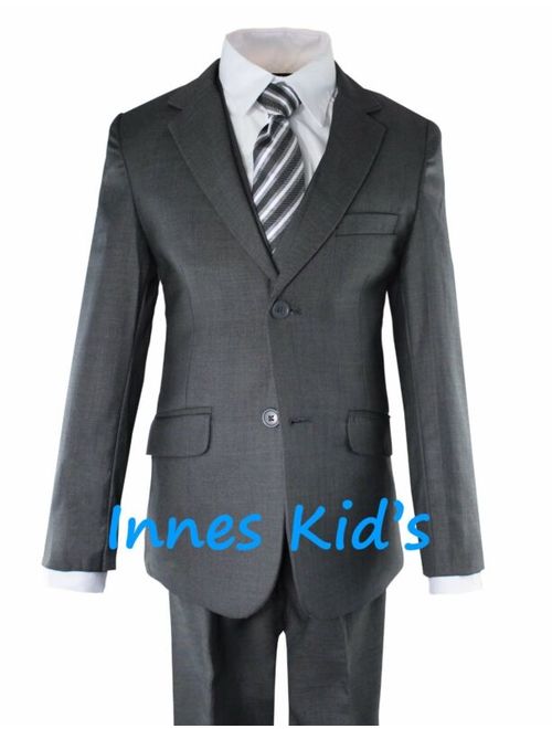 Boys 5 Piece Slim Fit Formal Dress Suit Set with Tie and Vest Grey Navy Charcoal