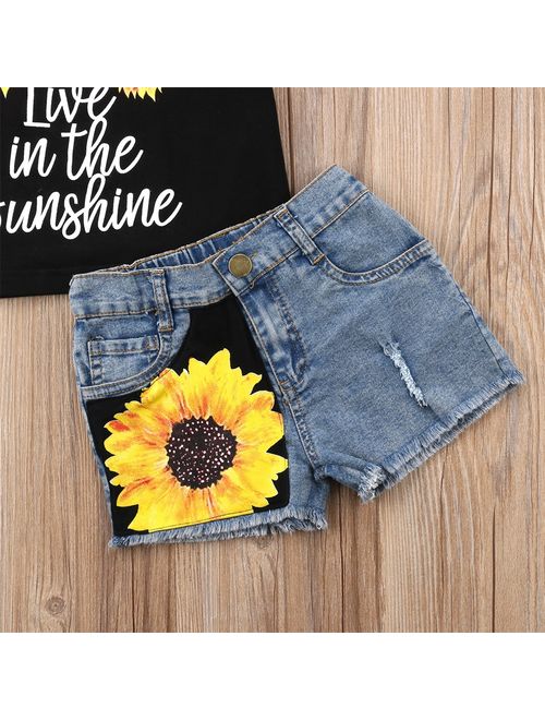 2PCS Toddler Baby Kids Girl Summer Clothes Live in The Sunshine Sunflower Vest Tank Tops+Denim Short Pants Outfit Set 1-2 Years