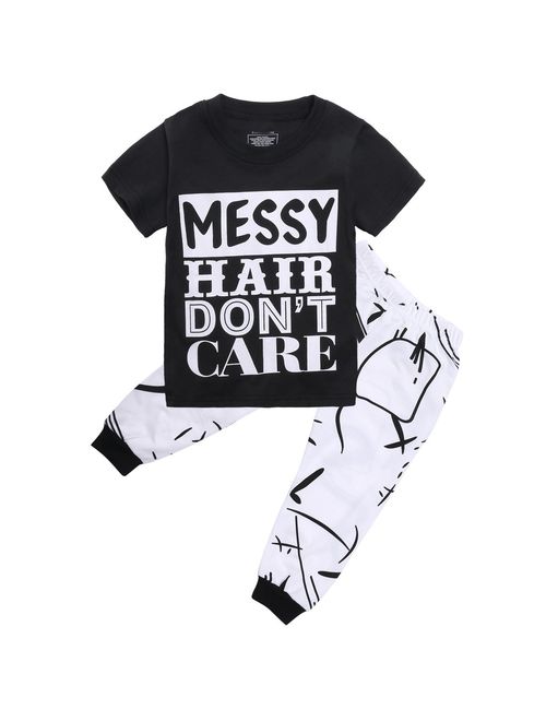 Canis Little Girls Short Sleeve Messy Hair Don't Care Letters Print T-Shirt and Pants Outfit Summer