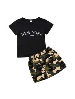 Baby Girl Cotton Letter Print Short Sleeve T Shirt and Camouflage Skirt Set Infant Baby Clothes