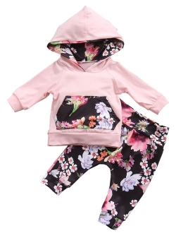 StylesILove Infant Baby Girl Floral Pattern Long Sleeve Hoodie and Pants 2 pcs Outfit (90/12-18 Months, Pink)