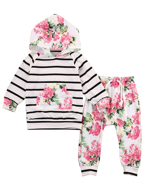 StylesILove Infant Baby Girl Floral Pattern Long Sleeve Hoodie and Pants 2 pcs Outfit (90/12-18 Months, Pink)