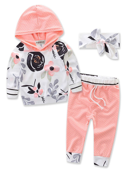 StylesILove Infant Baby Girl Floral Pattern Long Sleeve Hoodie and Pants 2 pcs Outfit (90/12-18 Months, Pink)