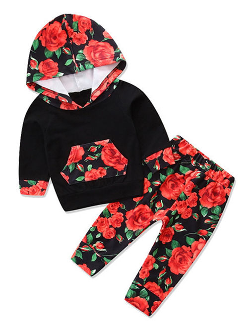 StylesILove Infant Baby Girl Floral Pattern Long Sleeve Hoodie and Pants 2 pcs Outfit (90/12-18 Months, Pink)