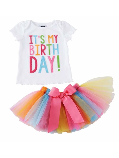 Girls'It's My Birthday Print Shirt Tutu Skirt Dress Outfit Set