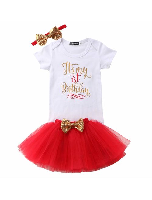 Girls'It's My Birthday Print Shirt Tutu Skirt Dress Outfit Set