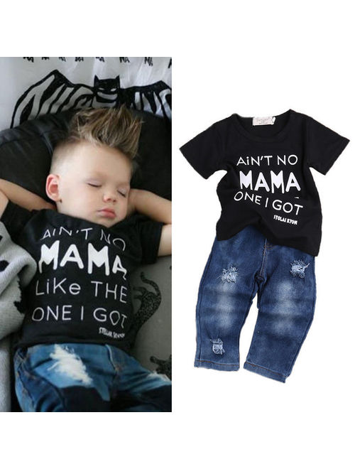 Newborn Toddler Kids Boys Clothes T Shirt Tee Top +Denim Pants Outfits Set Black 3-4 Years