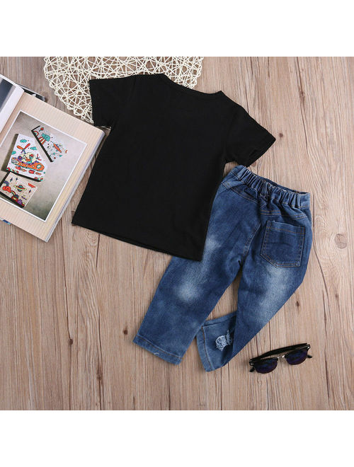 Newborn Toddler Kids Boys Clothes T Shirt Tee Top +Denim Pants Outfits Set Black 3-4 Years