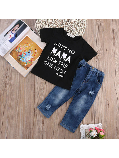 Newborn Toddler Kids Boys Clothes T Shirt Tee Top +Denim Pants Outfits Set Black 3-4 Years