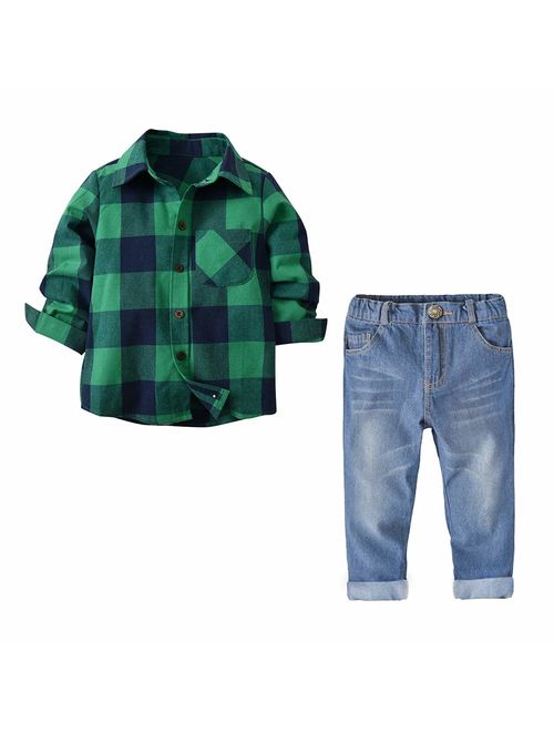 Little Boy Clothes Set 2pcs Long Sleeve Plaid Shirt + Denim Pants Jeans Set Infant Boys Casual Outfit Clothing Set