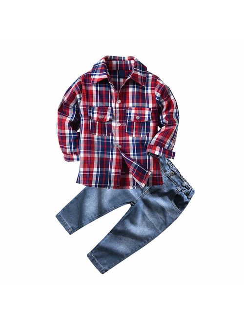 Little Boy Clothes Set 2pcs Long Sleeve Plaid Shirt + Denim Pants Jeans Set Infant Boys Casual Outfit Clothing Set