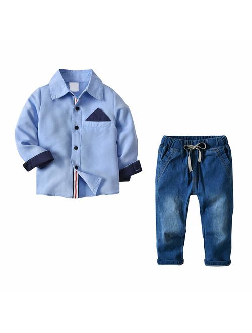 Little Boy Clothes Set 2pcs Long Sleeve Plaid Shirt + Denim Pants Jeans Set Infant Boys Casual Outfit Clothing Set