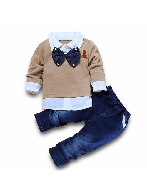 Little Boy Clothes Set 2pcs Long Sleeve Plaid Shirt + Denim Pants Jeans Set Infant Boys Casual Outfit Clothing Set