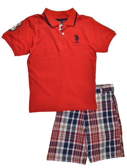 U.S. Polo Assn. Boys' 2 Piece Big Pony Solid Pique Polo Shirt and Plaid Short