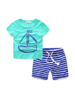 Boys Summer Clothes Print T-Shirt and Stripe Shorts Set for Boys 1-6 Years