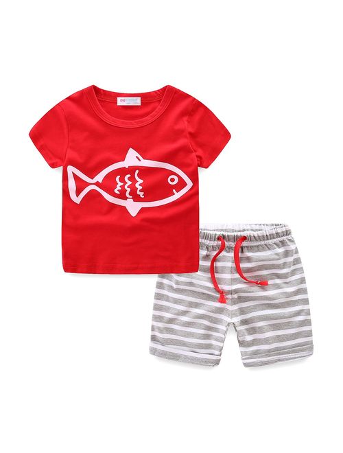 Boys Summer Clothes Print T-Shirt and Stripe Shorts Set for Boys 1-6 Years