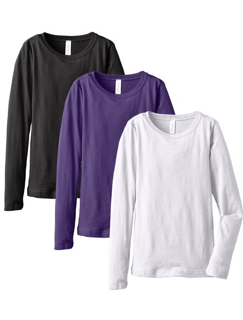 Clementine Apparel 3-Pack Big Girls Tween Youth Crew Neck Long Sleeve T Shirts