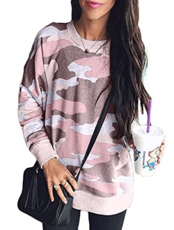 Sidefeel Women Long Sleeve Crewneck Pullover Camo Print Sweatshirt Jumper Top