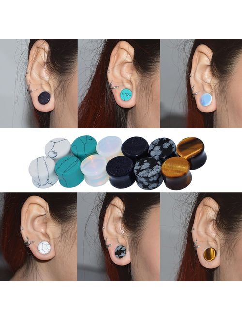 Qmcandy 6 Pairs Mixed Stone Ear Plugs Tunnels Saddle Expander Body Piercing Set Gauge 8G to 3/4 in