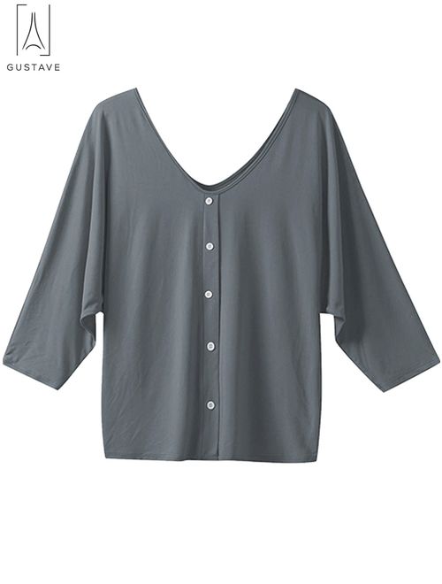 GustaveDesign Womens Plus Size V Neck Loose Blouse 3/4 Sleeve Back Buttons T Shirts Casual Solid Tops For Summer Fall "Gray, XL"