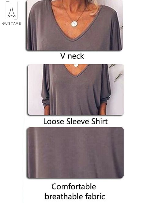 GustaveDesign Womens Plus Size V Neck Loose Blouse 3/4 Sleeve Back Buttons T Shirts Casual Solid Tops For Summer Fall "Gray, XL"