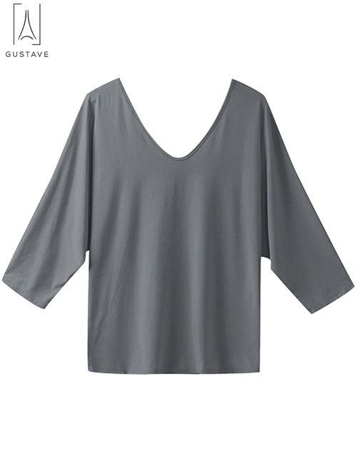 GustaveDesign Womens Plus Size V Neck Loose Blouse 3/4 Sleeve Back Buttons T Shirts Casual Solid Tops For Summer Fall "Gray, XL"