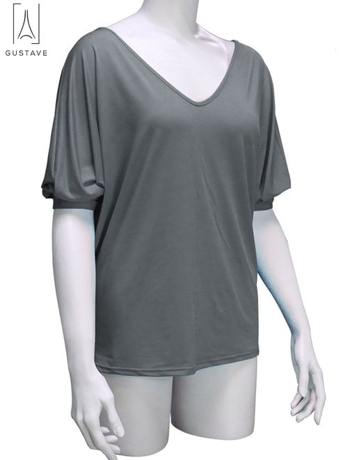 GustaveDesign Womens Plus Size V Neck Loose Blouse 3/4 Sleeve Back Buttons T Shirts Casual Solid Tops For Summer Fall "Gray, XL"