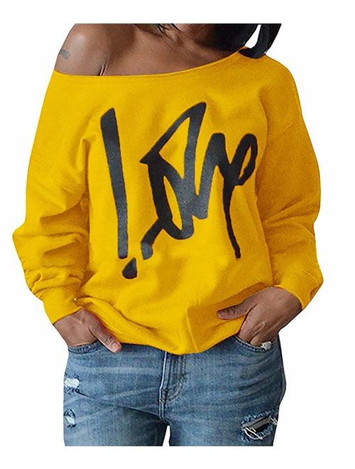 Yanekop Womens Love Letter Printed Off Shoulder Pullover Sweatshirt Slouchy Tops Shirts