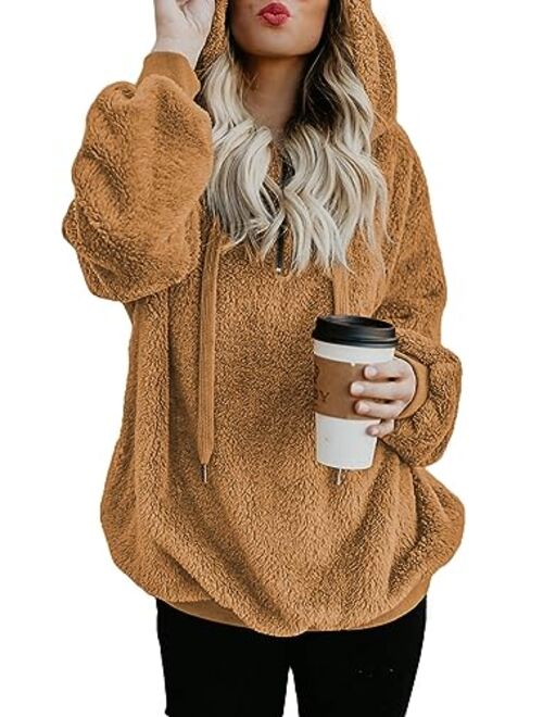 Acelitt Women's Fuzzy Casual Loose Oversized Sweatshirt Hooded with Pockets (11 Color,S-XXL)