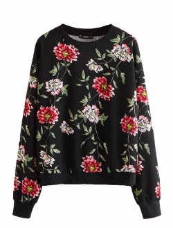 Women's Casual Floral Print Long Sleeve Pullover Tops Lightweight Sweatshirt