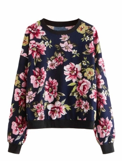 Women's Casual Floral Print Long Sleeve Pullover Tops Lightweight Sweatshirt