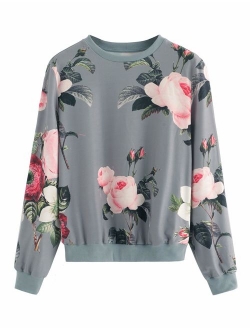 Women's Casual Floral Print Long Sleeve Pullover Tops Lightweight Sweatshirt