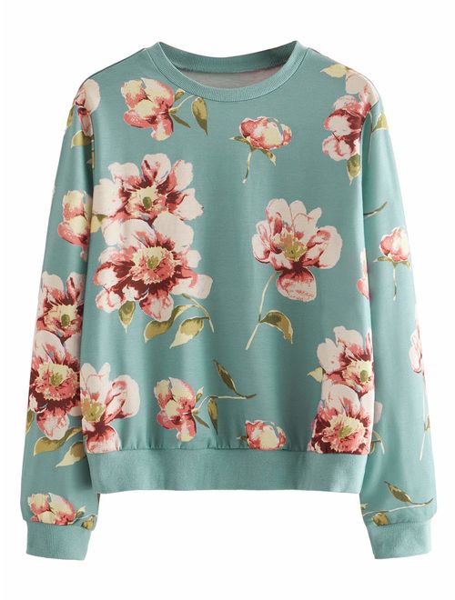 ROMWE Women's Casual Floral Print Long Sleeve Pullover Tops Lightweight Sweatshirt