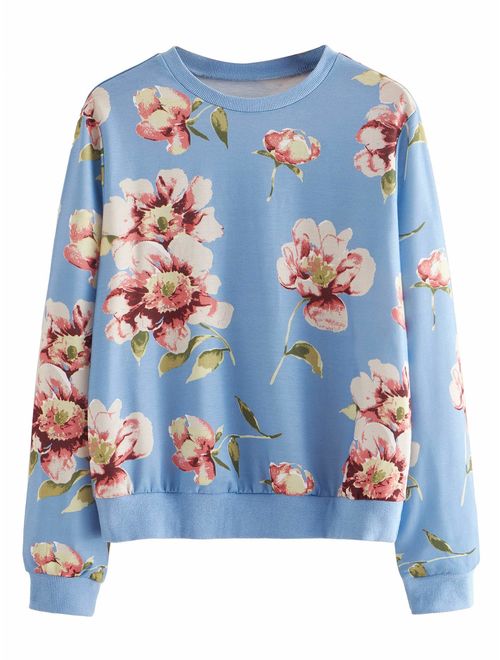 ROMWE Women's Casual Floral Print Long Sleeve Pullover Tops Lightweight Sweatshirt