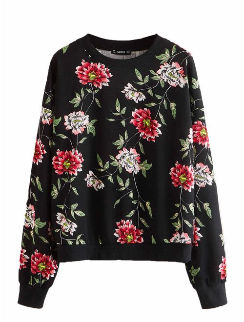 ROMWE Women's Casual Floral Print Long Sleeve Pullover Tops Lightweight Sweatshirt