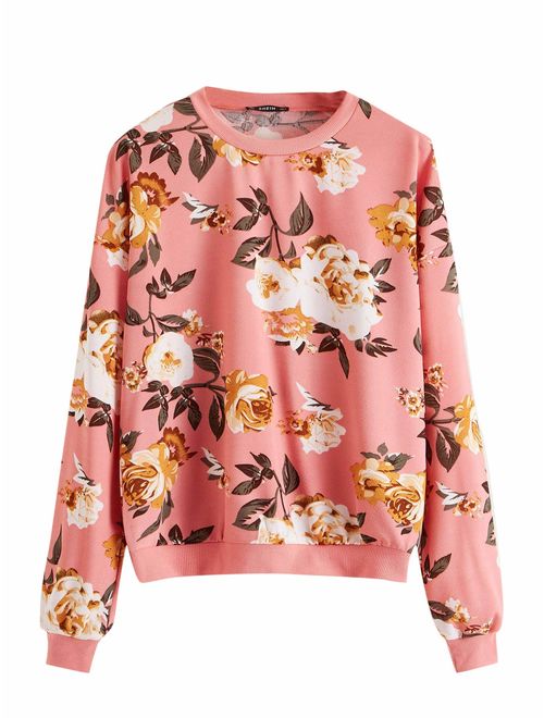 ROMWE Women's Casual Floral Print Long Sleeve Pullover Tops Lightweight Sweatshirt