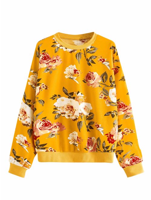 ROMWE Women's Casual Floral Print Long Sleeve Pullover Tops Lightweight Sweatshirt