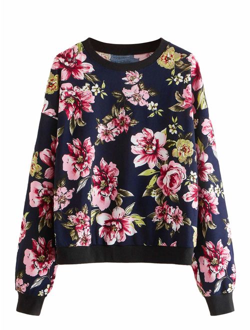 ROMWE Women's Casual Floral Print Long Sleeve Pullover Tops Lightweight Sweatshirt