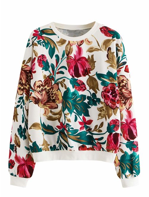 ROMWE Women's Casual Floral Print Long Sleeve Pullover Tops Lightweight Sweatshirt